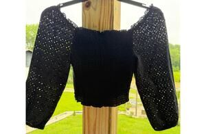 Prairie Fairycore Eyelet Puff Sleeve 100% Cotton Love Tree Black Crop Top Size L